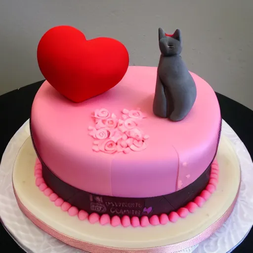 Prompt: beautiful cake with cake kitten in wheelchair holding up a broken heart decoration on top