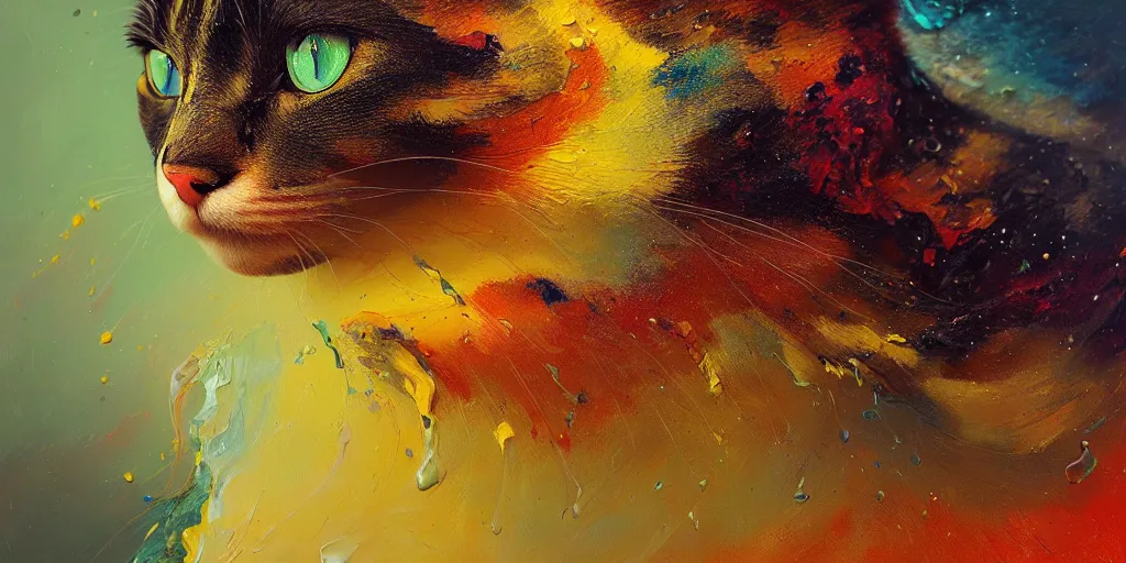 Image similar to wide shot portrait of beautiful cat by irakli nadar with intricate detailed color smashing fluid oil paint and acrylic, heterochromia, melting wax, mycelia, abstract impressionism, ruan jia, fantasy, hyper detailed, concept art, by gustav klimt,