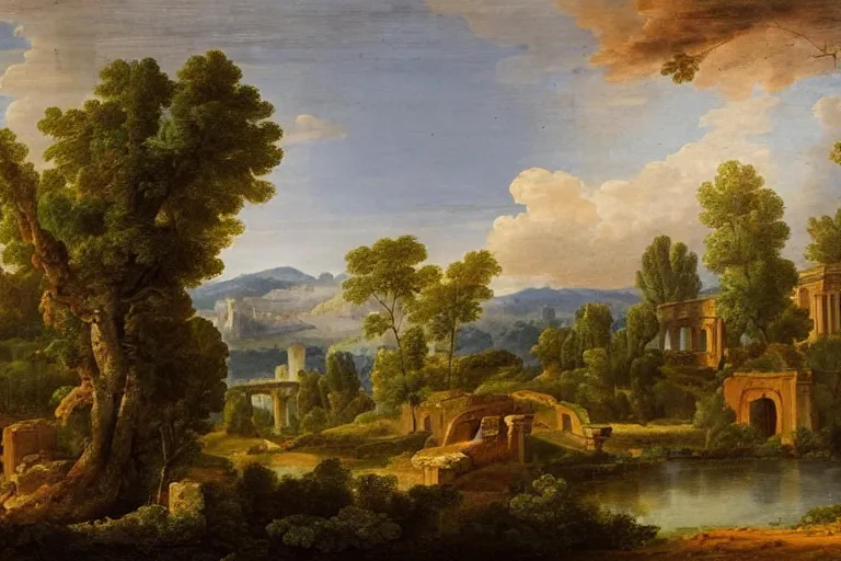 Image similar to beautiful arcadian landscape of a forested valley, ancient ruins in the distance by giovanni paolo pannini