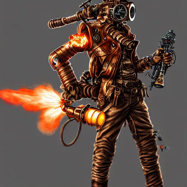 Prompt: steampunk warrior with a flamethrower, highly detailed, 8 k, hdr, award - winning, trending on artstation, clayton crain