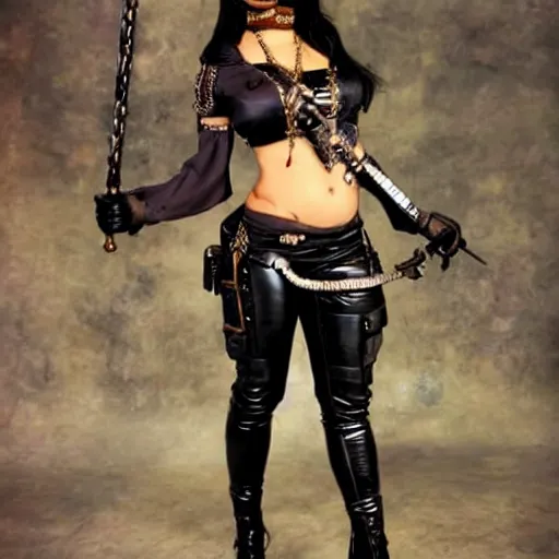 Prompt: photo of jada fire as a female steampunk thief with daggers