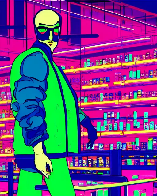 Image similar to cyberpunk man shopping at a neon soaked grocery store, science fiction painting, elegant intricate digital painting artstation, art by patrick nagel, detailed