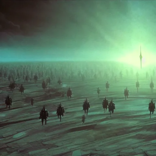 Image similar to battle scene from duna by denis villeneuve and alejandro jodorowsky style many details by andrei tarkovsky in sci - fi style volumetric natural light