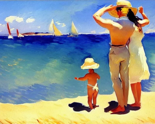 Prompt: a couple and a girl toddler on a beach in sardinia looking at a sailing boat, the man is wearing a panama hat, the woman has long dark hair, white sand, blue sky, summer, white and blue, painting by joaquin sorolla
