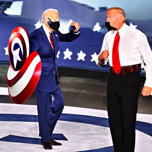 Prompt: joe biden dressed like captain america punching trump dressed like adolf hitler in the face