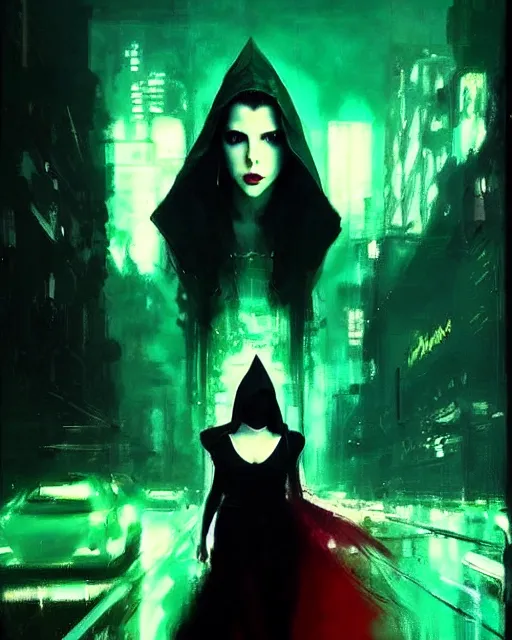 Image similar to Jeremy Mann art, artgerm, cinematics lighting, beautiful Anna Kendrick supervillain, green dress with a black hood, angry, symmetrical face, Symmetrical eyes, full body, flying in the air over city, night time, red mood in background