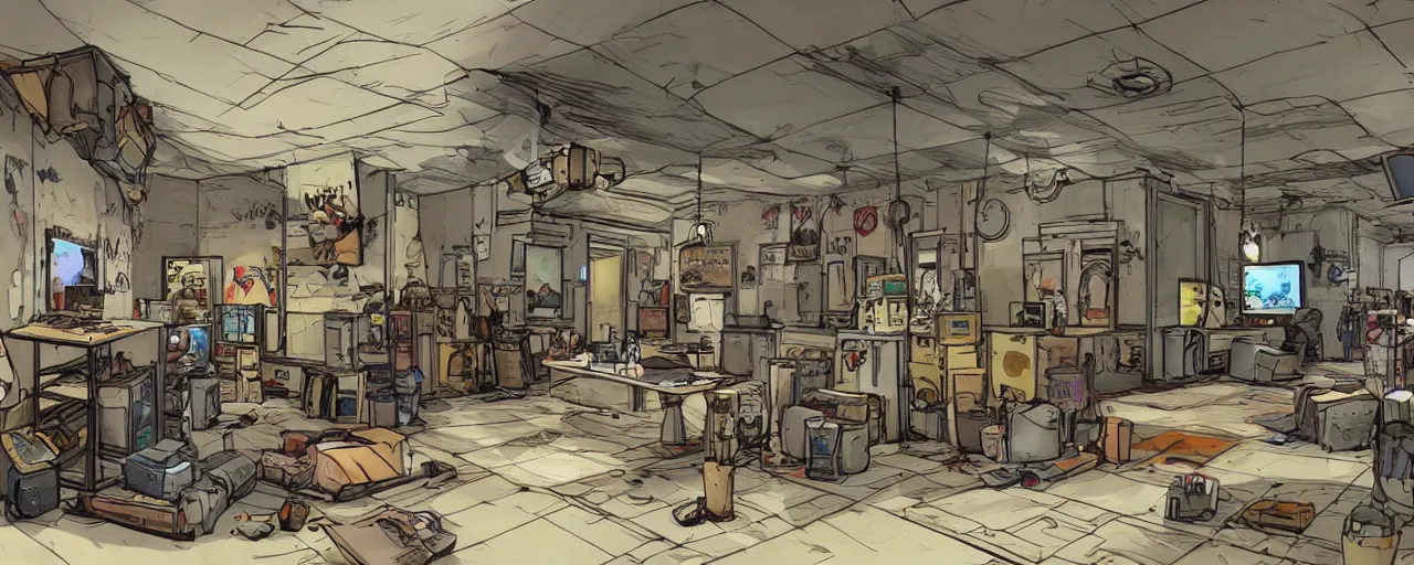 Image similar to wide angle of a cat field clinic from the outside, concept art out of the game borderlands, highly detailed