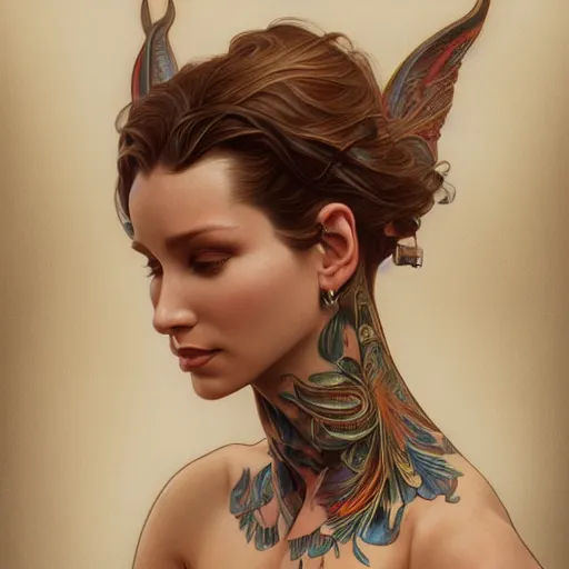 Prompt: ultra realistic illustration, a hot and beautiful tattooed extraterrestrial woman, intricate, elegant, highly detailed, digital painting, artstation, concept art, smooth, sharp focus, illustration, art by artgerm and greg rutkowski and alphonse mucha