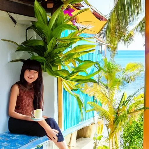 Image similar to a thin, pretty young Filipino girl sits near the window of a cute seaside Cafe with an espresso, golden morning light, cozy, tropical plants, Spirited Away