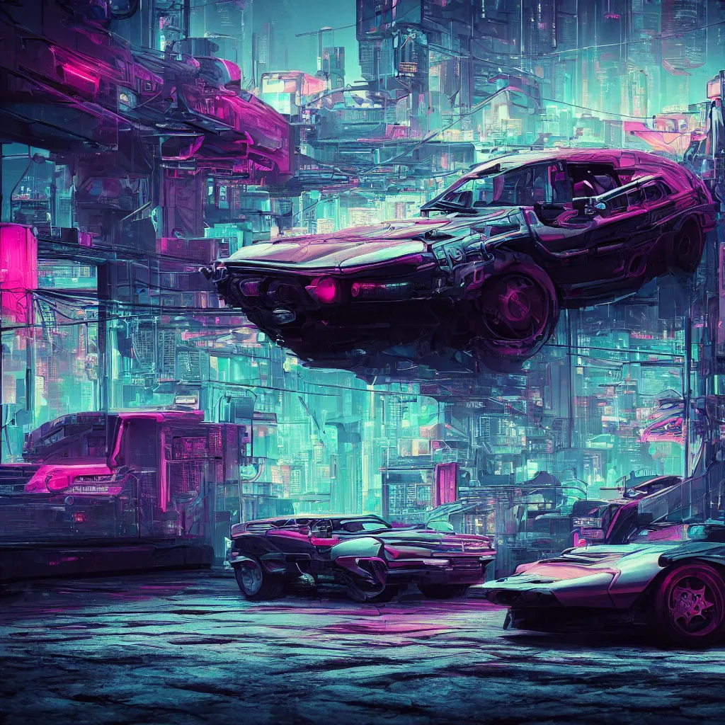 Image similar to cyberpunk synthwave an old soviet car in the soviet yard, intricate, elegant, concept art, smooth, sharp, focus, futuristic, cgsociety, in the style of artstation