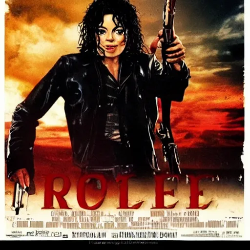 Image similar to michael jackson in rambo movie poster, holding machine gun