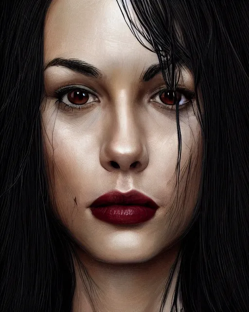 Image similar to portrait of a tall 4 0 - year - old woman, very!!! thin!!! lips, long, lush unkempt black hair, and thick eyebrows, wearing in black clothes, hyper realistic face, beautiful eyes, character art, art by mark brooks, hyperdetailed, cryengine, trending on artstation, digital art