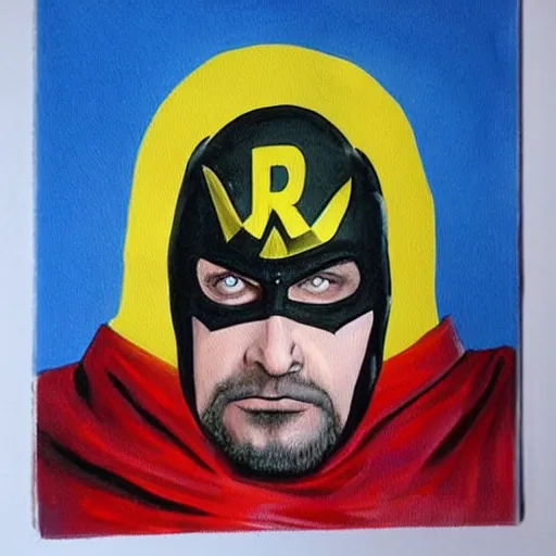 Image similar to the leader of ukraine dressed as a superhero fighting with putin coloured painting