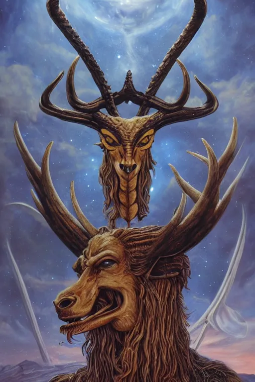 Image similar to sideview waist up portrait of baphomet plane with big antler made with porcelain by jeff easley and peter elson, beautiful eyes and face, symmetry face, galaxy, gothic, surreal, dread, highly detailed, intricate complexity, epic composition, magical atmosphere, masterpiece, award winning, trending on artstation