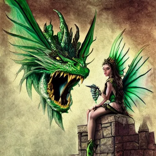 Image similar to fairy tale, painting, large green dragon!!!, venomfang, dnd, inside a castle, four legs, long claws, wide wings, sitting on a small hoard of gold, realistic, dungeons and dragons, cinematic composition, kodachrome, practical effect