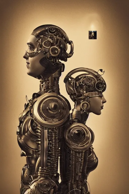 Image similar to a beautiful ultradetailed vintage photo of two cyborgs facing away from each other and looking at their cellphones, by tom bagshaw and anna dittman, couples portrait, vignette, 3 5 mm lens, golden ratio composition, detailed faces, studio photography, very detailed, humanoids, industrial robots, artstation, 8 k, highly coherent