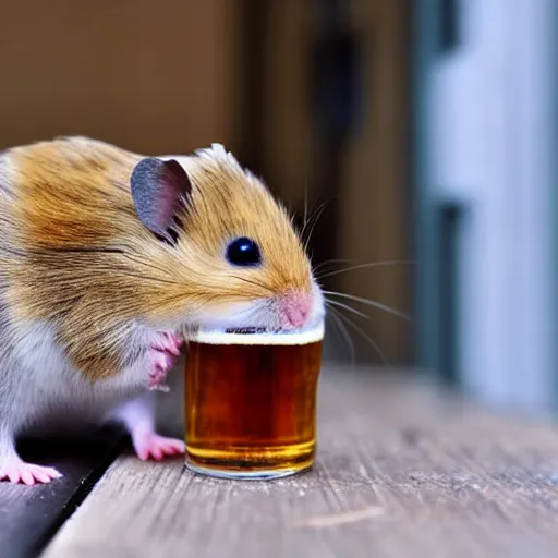 Prompt: a hamster drinking a beer