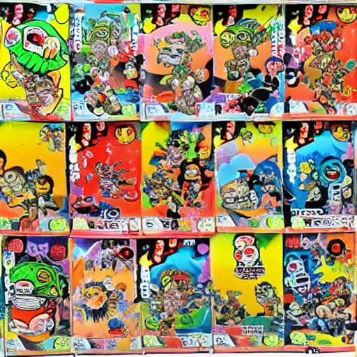 Prompt: garbage pail kids brawling japanese sofubi monsters