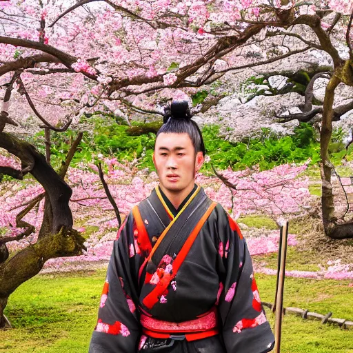 Image similar to samurai standing under a blossom tree