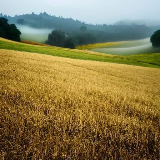 Image similar to open field of teeth, rolling hills, mist, valley, downhill