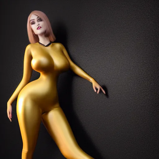 Image similar to a feminine curvy young hot demoness wearing a modest regal black-gold latex-nylon outfit, dark eyeshadow, eyelashes, cgsociety, photorealistic, sublime-hyperadvanced-seductive ambience, 16k, smooth, sharp focus, trending on ArtStation, volumetric lighting, fully clothed, thin waist