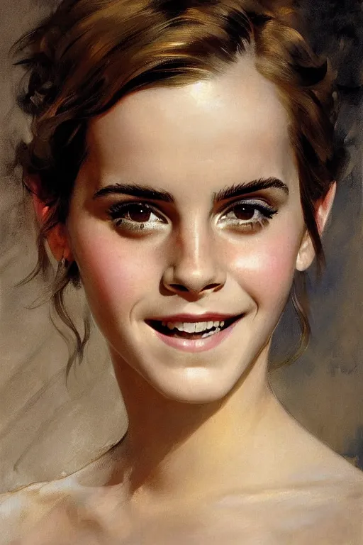 Image similar to smiling emma watson detailed portrait painting by gaston bussiere craig mullins j. c. leyendecker richard avedon