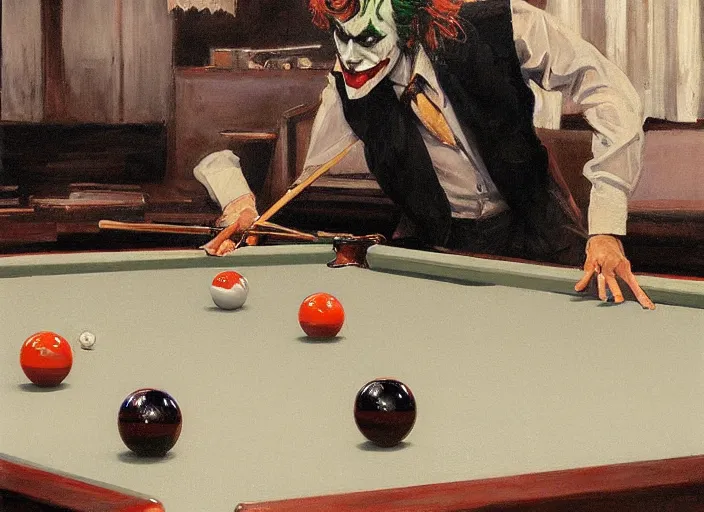 Prompt: a highly detailed beautiful portrait of the joker playing pool, by gregory manchess, james gurney, james jean