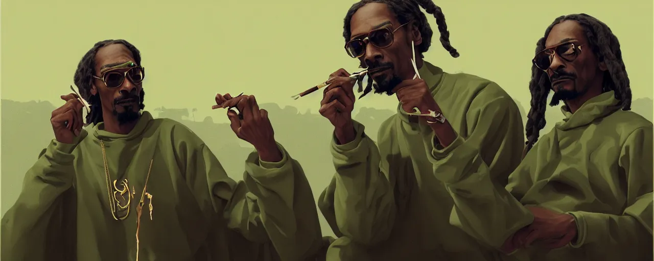 Image similar to duotone olive illustration 3 / 4 portrait of snoop dogg smoking joints with gandalf composition accidental renaissance golden ratio. by sachin teng and sergey kolesov and ruan jia and heng z. graffiti art, scifi, fantasy, hyper detailed. octane render. concept art. trending on artstation