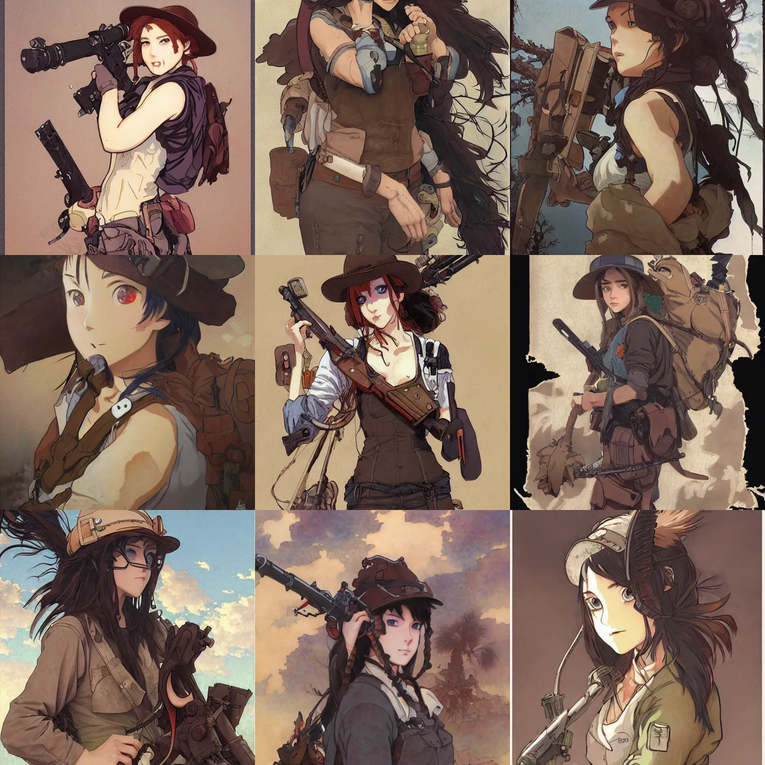 Prompt: post - apocalyptic cowgirl, finely illustrated face, highly detailed, colored pencil, studio ghibli, tankobon, in the style of yoshiyuki sadamoto and krenz cushart and william - adolphe bouguereau and alphonse mucha