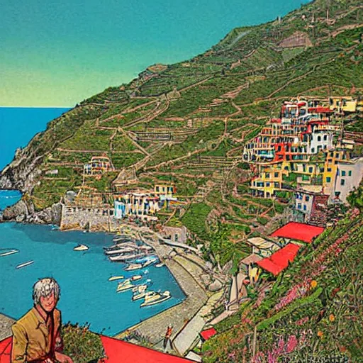 Prompt: illustration, french bande dessinée, final fantasy, mediterranean landscape, quaint village, cinq terre, highly detailed, luminous, by moebius