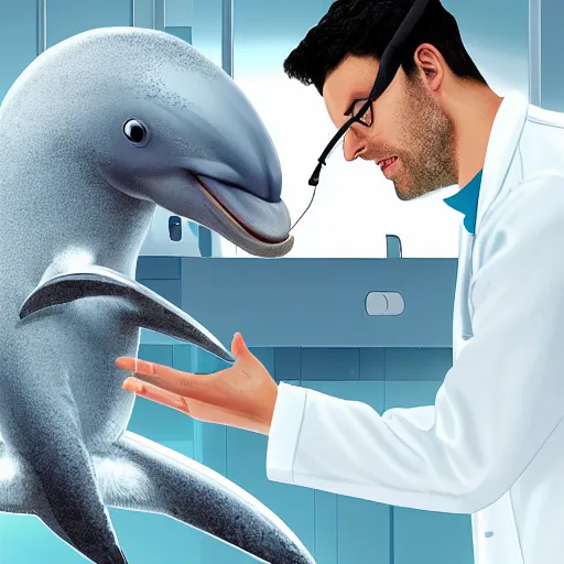 Image similar to An anthropomorphic grey dolphin in a white lab-coat playing games on a computer, digital painting, close-up, wearing a headset