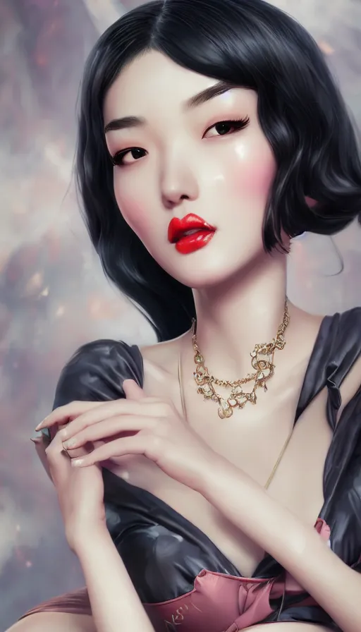 Image similar to a pin up and beautiful fashion and charming and dreamlke asian girl, lv jewelry, art by artgerm & jeehyung lee & wlop, hyperdetailed, 8 k realistic, symmetrical, frostbite 3 engine, cryengine, dof, trending on artstation, digital art