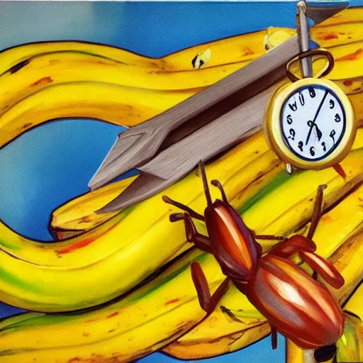 Prompt: oil painting impressionist stopwatch clock and banana arrow flying through the air, ( bugs flies buzzing around ), whimsical, detailed,