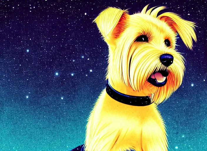 Prompt: portrait of blond terrier, galaxy background, anime, shigeto koyama,jean giraud, manga, 28mm lens, vibrant high contrast, gradation, cinematic, rule of thirds, great composition, intricate, detailed, flat, matte print, sharp,clean lines,masakazu katsura