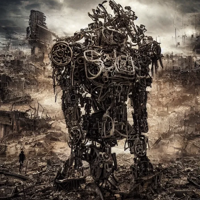 Image similar to gritty apocalyptic human - cyborg standing amongst destroyed machinery, hyper - detailed, sharp focus, 4 k ultra hd, fantasy dark art, apocalyptic art