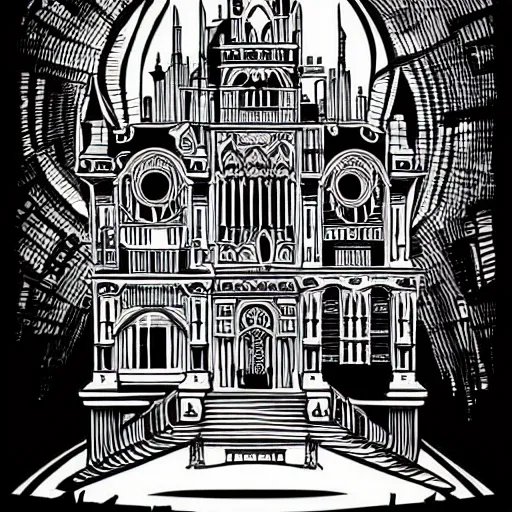 Prompt: mcbess illustration of a gothic mansion with a cyberpunk backdrop