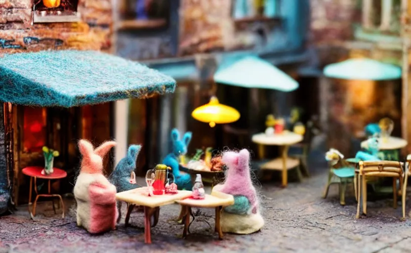 Image similar to miniature cafe diorama macro photography, cafe with felted bunnies, alleyway, ambient, atmospheric, british, cozy, bokeh, romantic, colorful lanterns