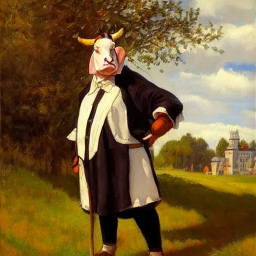 Image similar to painting by zorn, cow, dressed, anthropomorphic!!, wearing!!! clothes!!!, standing next to royal castle!!!
