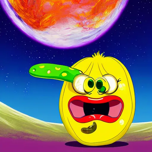 Image similar to Cartoon art of a hungry banana eyes and mouth eating a pickle on remote planet, digital art, realistic,