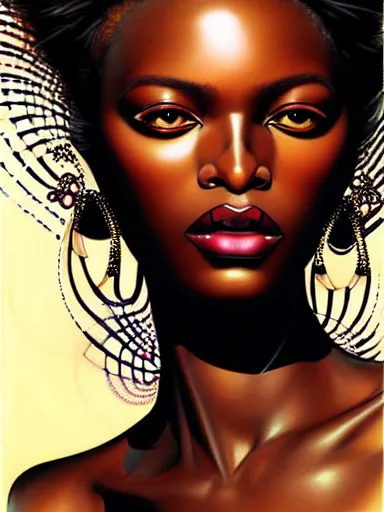 Image similar to a portrait of african supermodel with a floral background by karol bak, artgerm, moebius, yoji shinkawa : : portrait, illustration, photorealism, hyperrealism