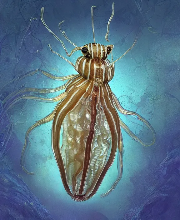 Image similar to opulent transparent clear see - through portrait of a terrifying beautiful male human isopod sea slug, mottled coloring, adorable, childlike, overgrown biopunk jungle environment, ultra realistic, concept art, art nouveau, photorealistic, octane render, 8 k, unreal engine. art by christopher marley and artgerm and greg rutkowski and alphonse mucha