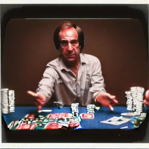 Image similar to 80's polaroid photo of saul goodman playing poker with the taliban