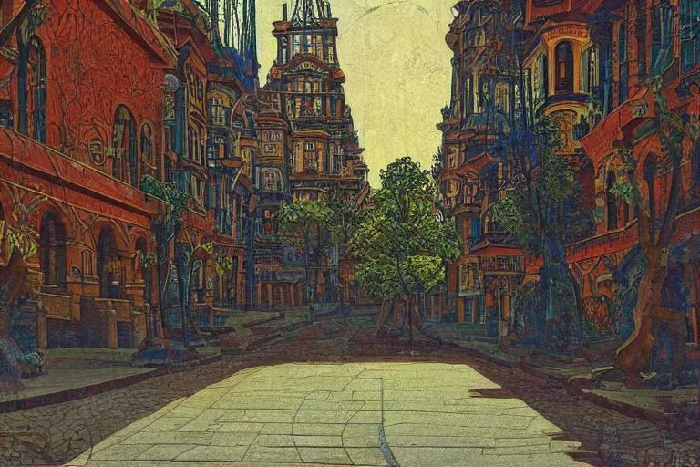 Image similar to tree-lined street in a very old very beautiful city by Gustav Bauernfeind and Nicholas Roerich, ornate wrought iron, strong dramatic cinematic lighting , colorful tiled architecture, lost civilizations, smooth, sharp focus, extremely detailed