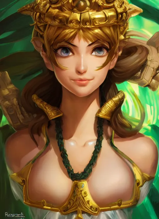 Image similar to portrait, head and torso only, palutena, trending on artstation, concept art, movie poster, fine detail, extremely detailed, sharp focus, smooth, digital illustration, by rossdraws, frank franzzeta, sakimichan, corrected hand, perfect hands