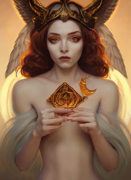 Image similar to portrait of a beautiful androgynous fallen angel, hyperborea lemuria, legendary, pixar doll decollete deep focus, d & d, fantasy, intricate, elegant, highly detailed, digital painting, artstation, concept art, matte, sharp focus, illustration, hearthstone, art by rhads by artgerm and greg rutkowski and alphonse mucha