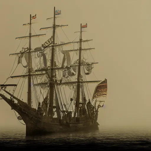 Image similar to an ornate pirate ship sailing out of thick fog on a moonlit night, 4 k, ultra realistic photo