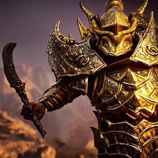 Image similar to 8k unreal engine render of a dragonborn paladin with golden scales from dungeons and dragons, fierce, symmetrical face, holy sword in his hands, gleaming armor, ancient persian city, insanely detailed, depth of field unreal engine ultra-wide angle lens, volumetric lighting, vivid color