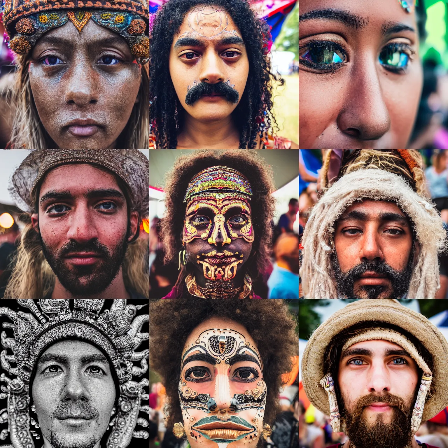 Prompt: wide portrait of the face of a person at a festival who has glimpsed the fourth dimension, intricately detailed, beautiful face, detailed eyes, award winning, 8 k, happy