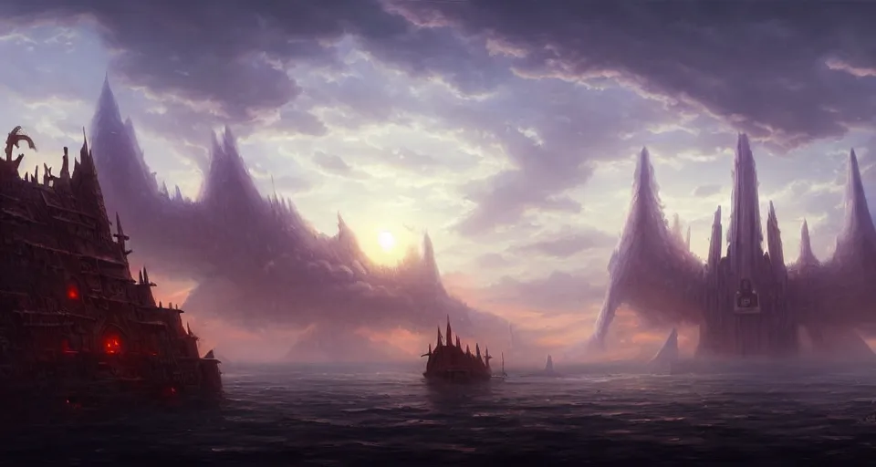 Prompt: low fantasy, landscape an ancient floating city in the sky and an sky - ship flying towards it andreas rocha