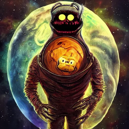 Image similar to one eldritch horror bloody garfield in space, galaxy, hd, 8 k, giant, epic, realistic photo, unreal engine, stars, prophecy, powerful, cinematic lighting, destroyed planet, debris, violent, sinister, ray tracing, dynamic, print, epic composition, dark, horrific, teeth, grotesque, scary, black ink drawing